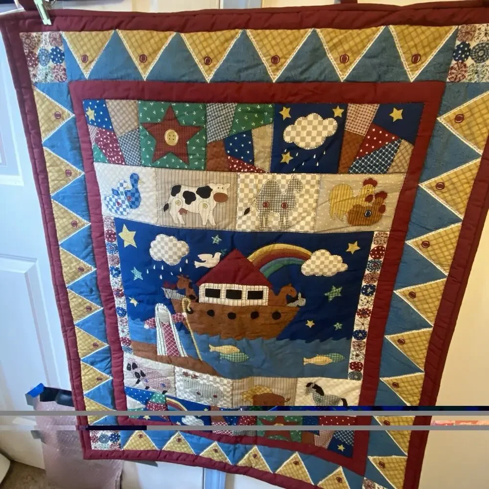 VTG Novelty Quilt Handmade Baby Blanket NurseryRoom Farm Nature Education Theme